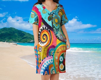 Colorful Boho Pattern Loose pocket dress, Floral Cotton Dress, Plus Size Cotton Dress, Summer Short Sleeve Dress, Plus Size 5XL