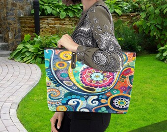 Boho patroon PU lederen draagtas, grote tas, weekendtas, veganistische leren tas, dagelijkse tas, lerarentas, tas met handvat aan de bovenkant