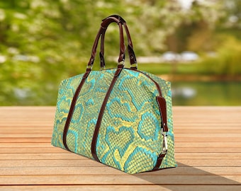 Tropical Green And Gold Snakeskin Waterproof Travel Bag, Weekend Bag, Waterproof Shoulder Bag, Holiday Duffel Bag, Fligth Bag