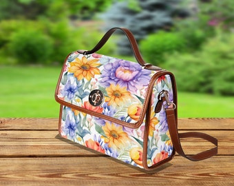 Purple Spring Flower Waterproof Canvas Bag, Canvas Crossbody Bag, Crossbody bag, Canvas Satchel Bag, Daily Crossbody Bag