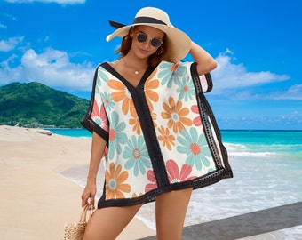 Robe de plage à manches courtes florale hippie couleur pastel, robe de plage, couverture de plage à manches, couverture de bikini, couverture de maillot de bain
