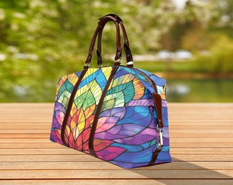 Stained Glass Rainbow Artwork Waterproof Travel Bag, Weekend Bag, Waterproof Shoulder Bag, Holiday Duffel Bag, Camping Duffel Bag