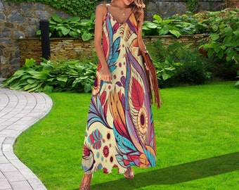 Boho Indian Patterned Ankle Long Dress, Bohemian Dress, Summer Beach Dress, Summer Casual Dress, Maxi Dress, Summer Sling Dress