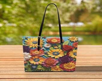 3D Flower Design Tote Bag, PU Leather Bag, Large Bag, Weekend Bag, Vegan Leather Bag, Daily Bag, Teacher Bag, top handle bag