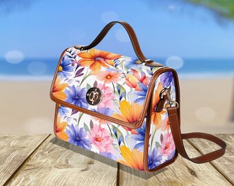 Renkli Spring Flowers Waterproof Canvas Bag, Canvas Crossbody Bag, Crossbody bag, Canvas Satchel Bag, Daily Crossbody Bag