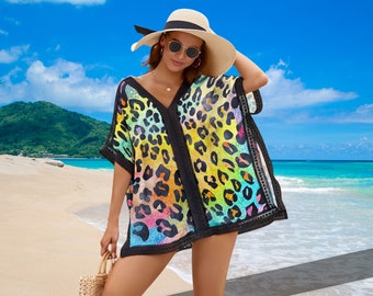 Robe de plage à manches courtes, motifs léopard, tenue de plage, tenue de plage, tenue de bikini, tenue de maillot de bain