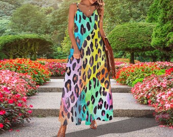 Funk Leopard pattern Ankle Long Dress, Bohemian Dress, Summer Beach Dress, Summer Casual Dress, Maxi Dress, Summer Sling Dress