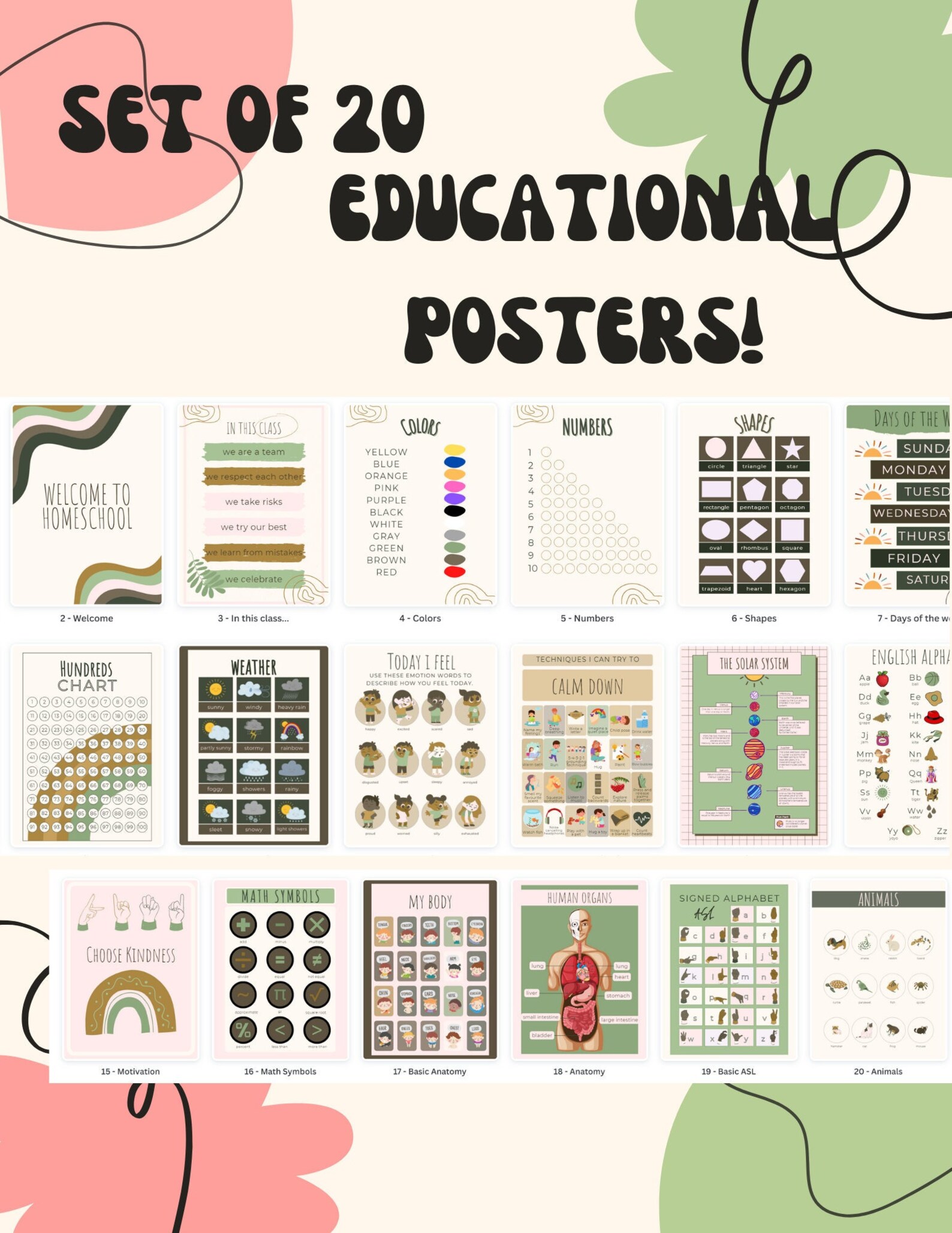 20 Homeschool Educational Posters Set for Playroom and Toddlers