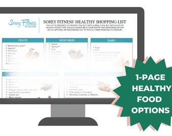 Puede incluir: Una pantalla de computadora que muestra una lista de compras saludable con categorías para frutas, verduras y lácteos. La lista incluye artículos específicos de alimentos como bayas, espinacas y huevos. La pantalla tiene el título "Sorey Fitness' Healthy Shopping List". Un gráfico de estallido verde con el texto "1-Page Healthy Food Options" está en primer plano.