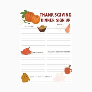 Printable Thanksgiving Potluck Sign Up Sheet, Thanksgiving Dinner, Friendsgiving