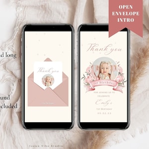 1. Geburtstag Dankeskarte Vorlage Digitaler Download, Baby Dankeskarte für Gäste, Video Dankeskarte Bearbeitbar mit Canva