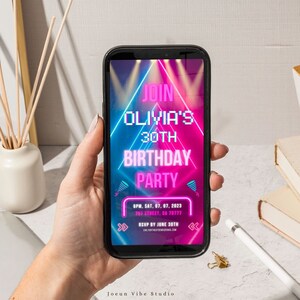 DIY Pink Neon Light Digital Birthday Invitation Template, Animated Unique Birthday Invitation Template, Digital Birthday Invite with Canva