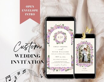 May include: A digital wedding invitation with a floral archway design. The invitation features a purple and white floral design with a gold butterfly. The text on the invitation reads "Emily Brown and Peter Williams" and "May 24, 2024".