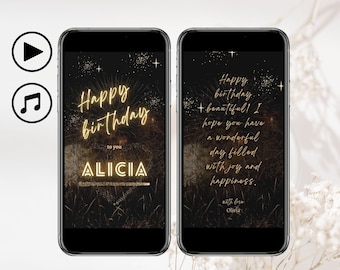 May include: A digital birthday card with a black background and gold text. The card features a firework display and the text "Happy birthday to you Alicia". The second screen shows a message that says "Happy birthday + beautiful! I hope you have a wonderful day filled with joy and happiness. With love, Olivia."