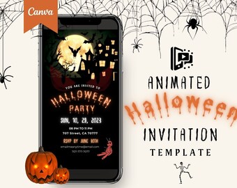 May include: Animated Halloween party invitation template with a spooky house, bats, and a full moon. The text reads "You are invited to Halloween Party Sun, 10, 29, 2023 08 PM to 11 PM 707 Street, CA 70777 RSVP by June 30th emailmeanytime@email.com 707-777-7077".