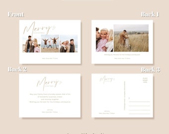 May include: Three templates for Christmas postcard designs. The first template features a photo collage of a family. The second template has a simple design with the text "Merry Christmas" and a holiday greeting. The third template is a blank postcard with the text "Place Stamp Here".