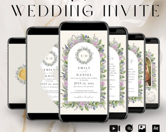 May include: A set of five video wedding invitations with floral borders and a watercolor archway. The invitations feature the names "Emily and Daniel" and the date "July 27, 2025".