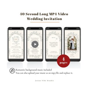 May include: A 4-page wedding invitation video template with a floral design. The video includes a play button, text that says "We are inviting you to be with us at our wedding on May th", and a photo of the couple. The video is 40 seconds long and includes romantic background music.