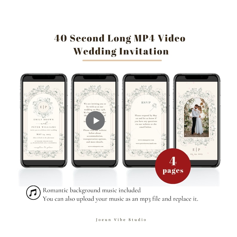 May include: A 4-page wedding invitation video template with a floral design. The video includes a play button, text that says "We are inviting you to be with us at our wedding on May th", and a photo of the couple. The video is 40 seconds long and includes romantic background music.