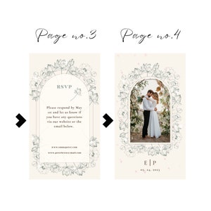 May include: A wedding invitation with a floral arch design. The invitation includes the couple's names, wedding date, and RSVP information. The text reads "Please respond by May 1st and let us know if you have any questions via our website or the email below. www.emmapeter.com www.peterbrown.tmail.com"