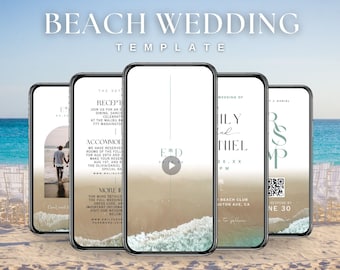 May include: A beach wedding invitation template in blue and white. The template features a photograph of a beach with waves breaking on the shore. The text on the template includes the names of the bride and groom, the date and time of the wedding, and the location of the wedding. The template also includes a QR code that can be scanned to access more information about the wedding.