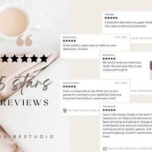 May include: Five star reviews for a business called "Jvibe Studio" with text from five different customers. The reviews are all positive and highlight the quality of the service and the products. The reviews are displayed on a white background with a pink blanket and a cup of coffee.