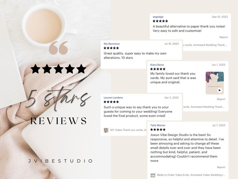 May include: Five star reviews for a business called "Jvibe Studio" with text from five different customers. The reviews are all positive and highlight the quality of the service and the products. The reviews are displayed on a white background with a pink blanket and a cup of coffee.