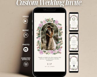 May include: A digital wedding invitation with a floral archway and a photo of a couple. The text reads "Together we build a love that is patient, kind, and true. A love that honors, cherishes, and forgives."  EP 05.24.20XX