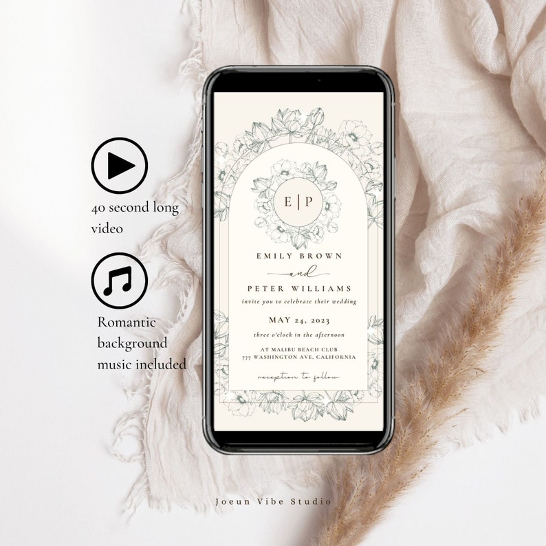 May include: A digital wedding invitation with a floral arch design. The invitation features the names Emily Brown and Peter Williams, the wedding date May 24, 2023, and the location Malibu Beach Club, 777 Washington Ave, California.