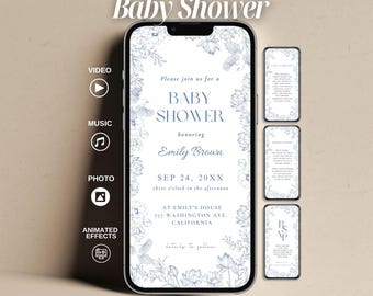 Blue French Toile Baby Shower Invitation Template (Digital Download)