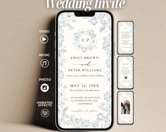 Animated Floral Toile Wedding Invitation Video Template (Digital Download)