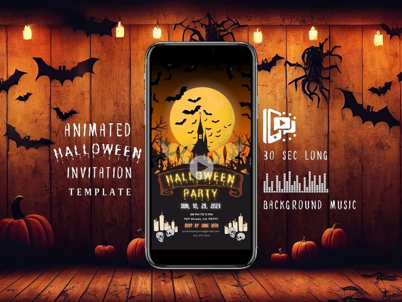 May include: Animated Halloween party invitation template displayed on a smartphone screen. The invitation features a spooky Halloween scene with a haunted house, a full moon, bats, and a graveyard. The text on the invitation reads "Halloween Party" and includes the date and time of the party.