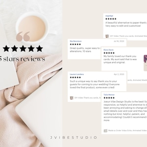 May include: Five star reviews for a digital design studio called JVIBESTUDIO. The reviews are displayed on a white background with a pink knitted blanket and a white mug. The reviews are positive and highlight the studio's responsiveness, helpfulness, and attention to detail.