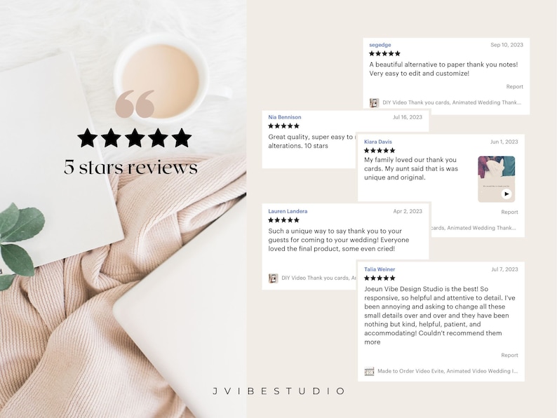 May include: Five star reviews for a digital design studio called JVIBESTUDIO. The reviews are displayed on a white background with a pink knitted blanket and a white mug. The reviews are positive and highlight the studio's responsiveness, helpfulness, and attention to detail.