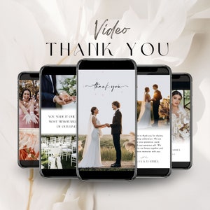 結婚式のサンキューカード テンプレート、ビデオ結婚式のサンキューカードの編集可能、写真のサンキューカードのダウンロード可能、デジタル ダウンロード
