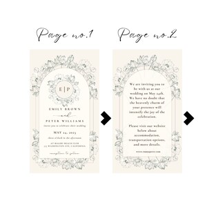 May include: A wedding invitation with a floral design. The invitation features a floral arch with the initials "E" and "P" in the center. The text on the invitation reads "Emily Brown and Peter Williams invite you to celebrate their wedding May 24, 2023 three o'clock in the afternoon at Malibu Beach Club 227 Washington Ave, California reception to follow". The second page of the invitation includes information about the wedding, including the website address "www.emmapeter.com".