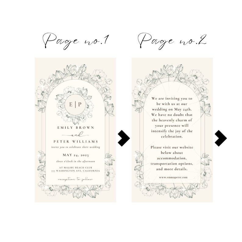 May include: A wedding invitation with a floral design. The invitation features a floral arch with the initials "E" and "P" in the center. The text on the invitation reads "Emily Brown and Peter Williams invite you to celebrate their wedding May 24, 2023 three o'clock in the afternoon at Malibu Beach Club 227 Washington Ave, California reception to follow". The second page of the invitation includes information about the wedding, including the website address "www.emmapeter.com".