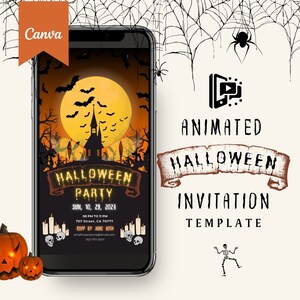 May include: Animated Halloween party invitation template displayed on a smartphone screen. The invitation features a spooky silhouette of a church with a full moon and bats flying in the background. The text reads "Halloween Party" with the date and time of the event.