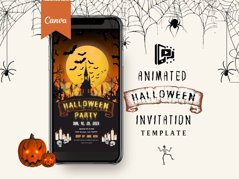 May include: Animated Halloween party invitation template displayed on a smartphone screen. The invitation features a spooky silhouette of a church with a full moon and bats flying in the background. The text reads "Halloween Party" with the date and time of the event.