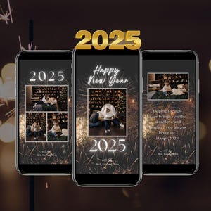 Plantilla de tarjeta de Felices Fiestas editable, plantilla de tarjeta de Año Nuevo con foto editable, tarjeta de Año Nuevo con video electrónico usando Canva, descarga digital