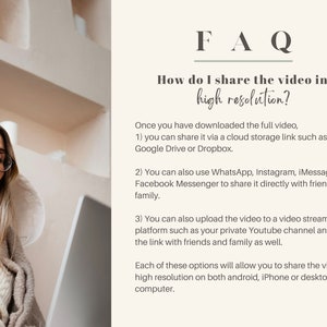 May include: A woman sits at a desk with a laptop and a mug in her hand. The text on the screen reads "FAQ: How do I share the video in high resolution?" The text below explains how to share a video in high resolution using cloud storage, social media, or video streaming platforms.