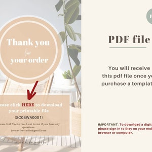 May include: A digital download thank you card with a peach-coloured circle that says "Thank you for your order" with a red arrow pointing down to the text "Please click HERE to download your printable file (SC08WA0001)". The text "Please feel free to reach out to me if you have any questions. joeunvibestudio@gmail.com" is below the download instructions. The text "Jacun Vibe Studio" is at the bottom of the card. The card is on a white background with a plant in the background.