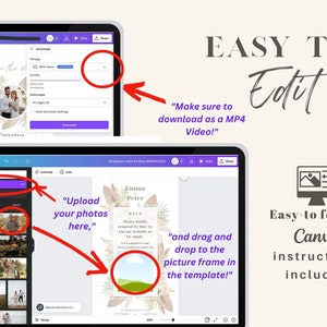May include: A screenshot of a Canva template for a wedding save the date video. The template features a beige background with a floral design and a picture frame. The text "Emma & Peter" is displayed in a gold font. The text "RSVP" is displayed in a smaller font. The text "Please kindly respond by May 1st via our website or by email" is displayed in a smaller font. The text "[email protected]" is displayed in a smaller font. The text "[website address]" is displayed in a smaller font. The text "[phone number]" is displayed in a smaller font. The text "[address]" is displayed in a smaller font. The text "[city, state, zip code]" is displayed in a smaller font.