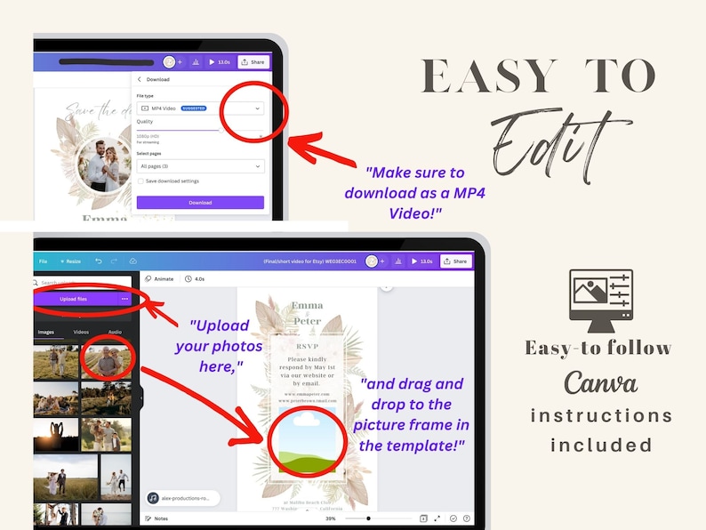 May include: A screenshot of a Canva template for a wedding save the date video. The template features a beige background with a floral design and a picture frame. The text "Emma & Peter" is displayed in a gold font. The text "RSVP" is displayed in a smaller font. The text "Please kindly respond by May 1st via our website or by email" is displayed in a smaller font. The text "[email protected]" is displayed in a smaller font. The text "[website address]" is displayed in a smaller font. The text "[phone number]" is displayed in a smaller font. The text "[address]" is displayed in a smaller font. The text "[city, state, zip code]" is displayed in a smaller font.