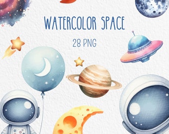 May include: Watercolor space themed clipart set with 28 PNG images. Includes astronauts, planets, stars, moons, a spaceship, and a comet.