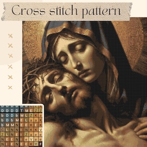 Puede incluir: Patrón de punto de cruz de una mujer sosteniendo el cuerpo de un hombre. La mujer lleva una túnica azul y marrón y el hombre lleva una tela blanca. El hombre tiene una corona de espinas en la cabeza. La imagen está en un esquema de color marrón oscuro y dorado.