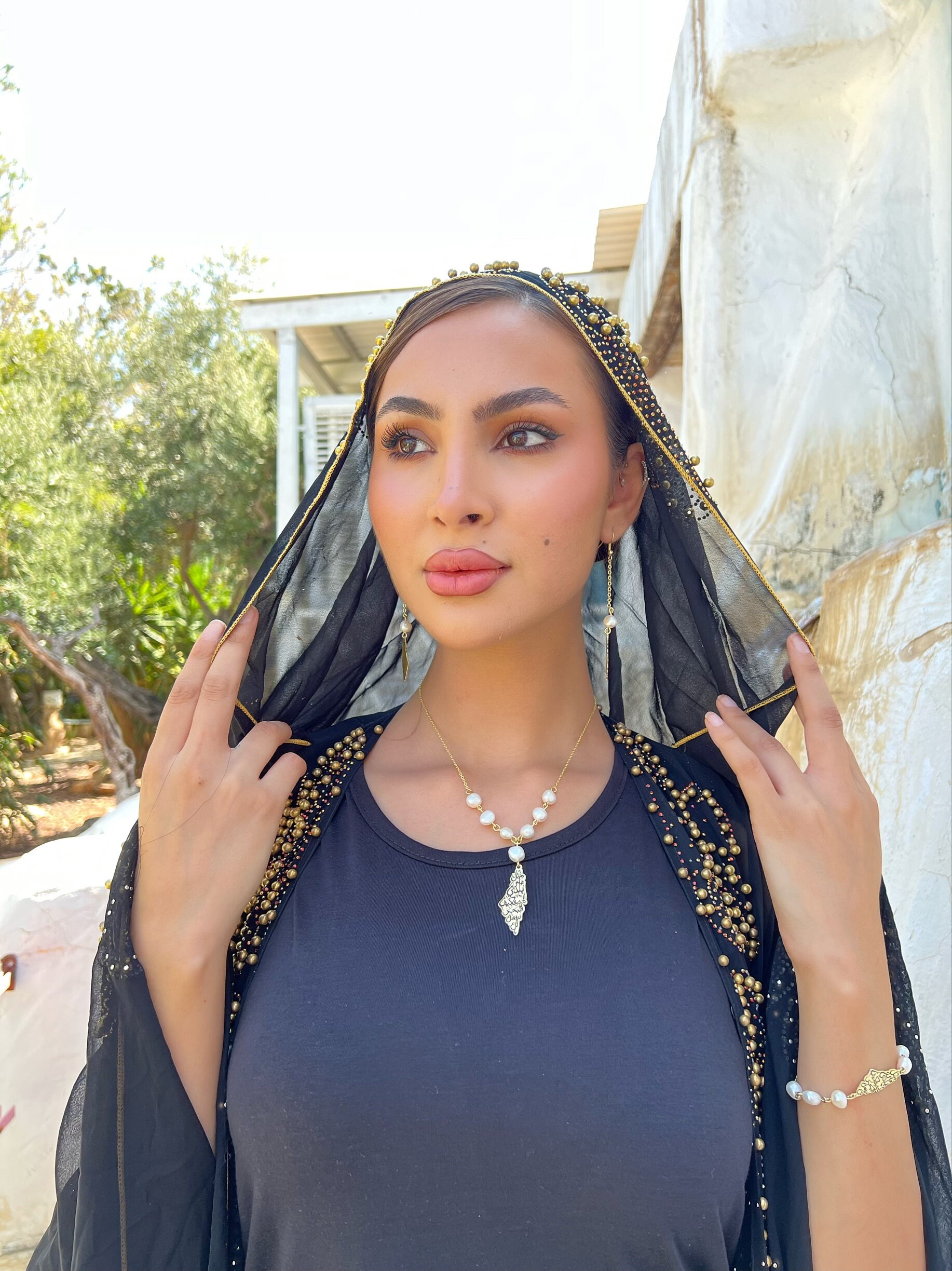 Palestine Map Necklace, Palestine Jewelry, Unique Pearls Necklace, Gold