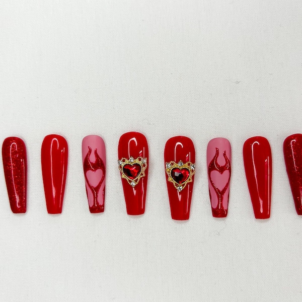 Red Heart and Flame Nails Etsy