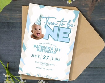May include: A blue and white birthday invitation with a photo of a baby boy wearing a party hat. The invitation says "Fun to be One" and includes the details of the party, including the date, time, and location.