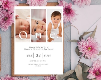May include: A white card with a photo collage of a baby girl at different ages. The card says "one" in large white letters and includes the text "Please join us for a Maeve's First Birthday Party" with the date and time of the party.